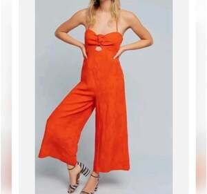 Anthropologie Elevenses Tropicale Orange Brocade Linen Halter Wide Leg Jumpsuit